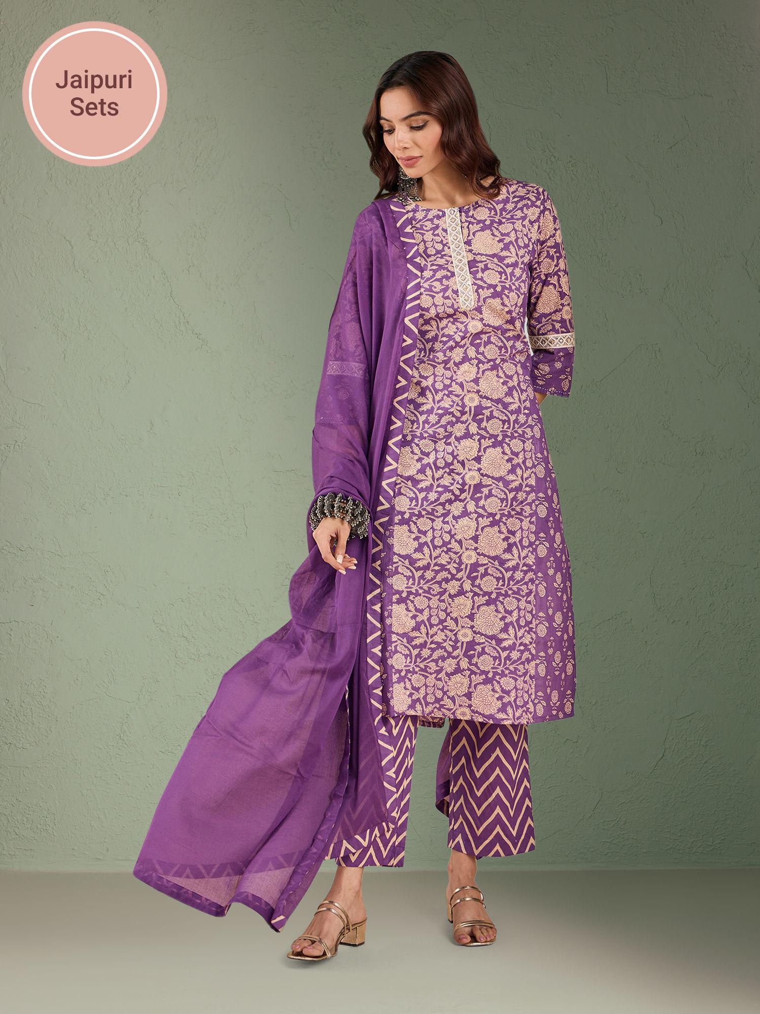 purple pure cotton printed straight sequins work kurta with printed pant & dupatta likfebskd07