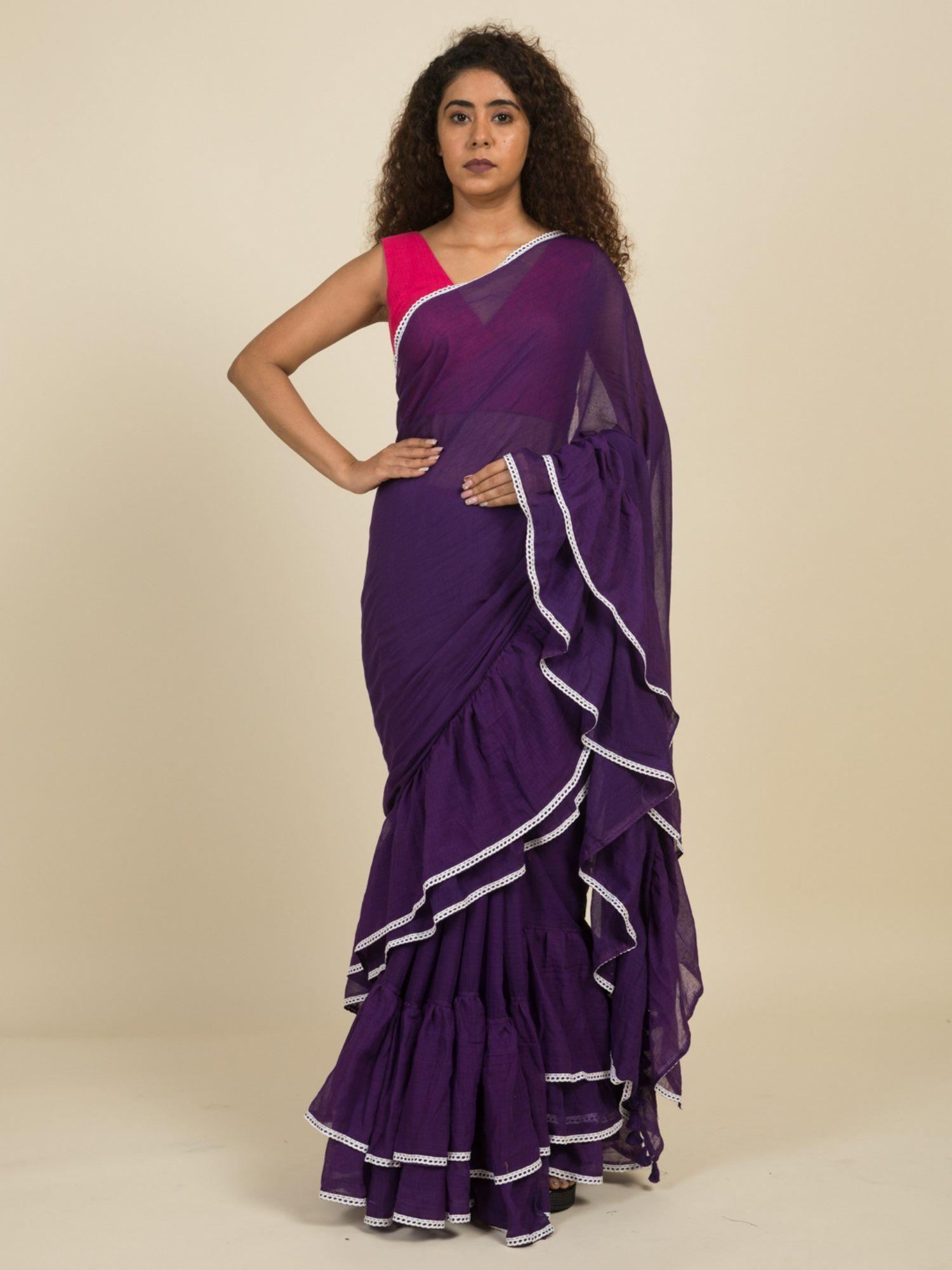 purple pure cotton ruffle saree with lace
