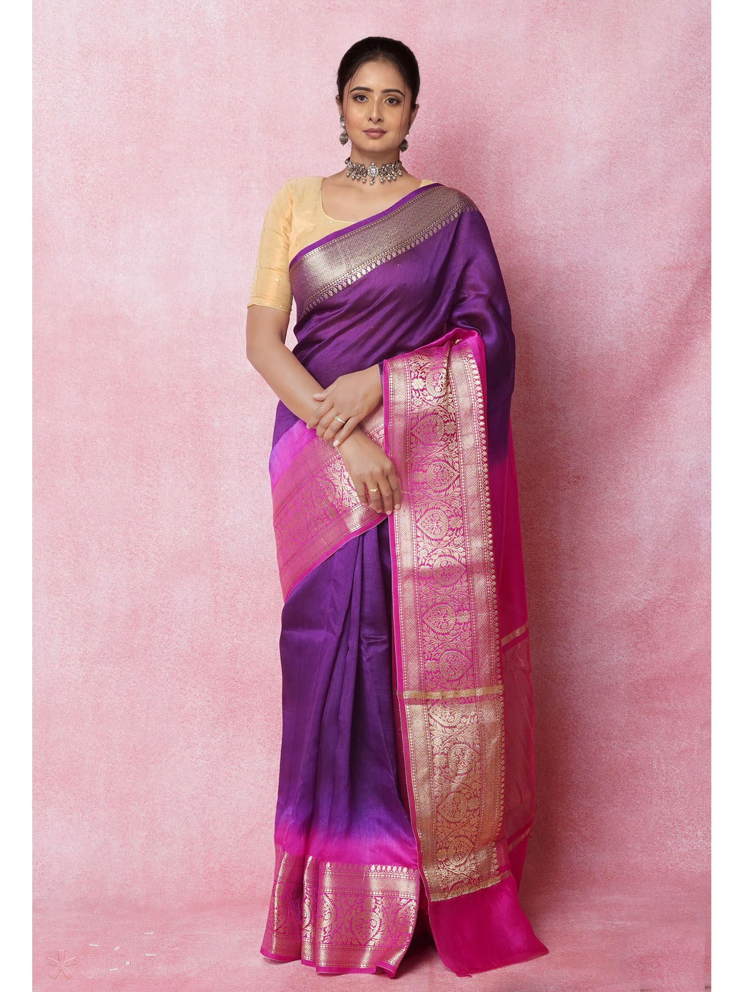 purple pure dyed banarasi chania silk saree with unstitched blouse