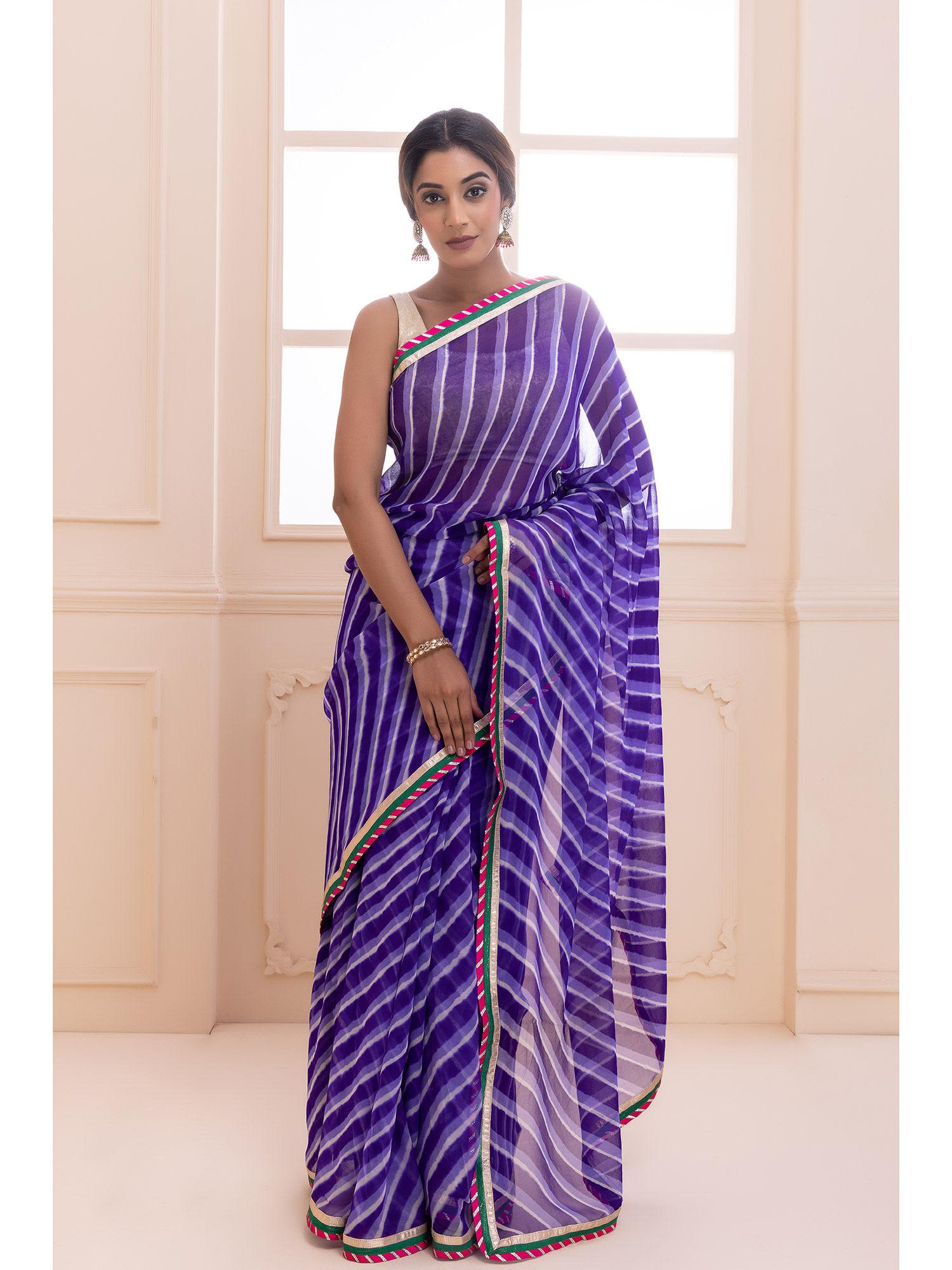 purple pure georgette handcrafted leheriya saree with unstitched blouse