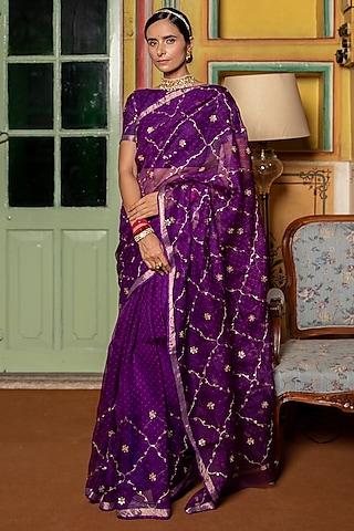 purple pure kota silk motif embellished saree set