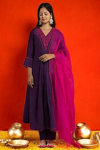 purple pure malai chanderi resham embroidered paneled kurta set