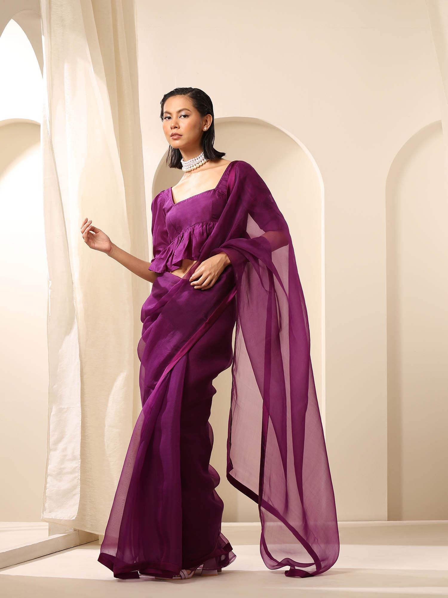 purple pure organza saree with unstitched blouse