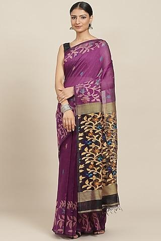 purple pure resham silk printed & floral motif embroidered handloom saree