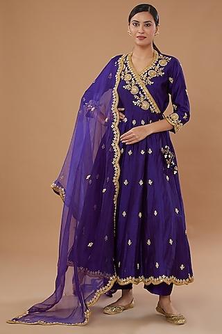 purple pure spun silk embroidered angrakha set