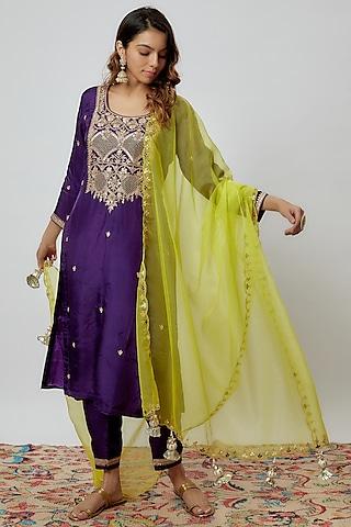 purple pure spun silk embroidered kurta set