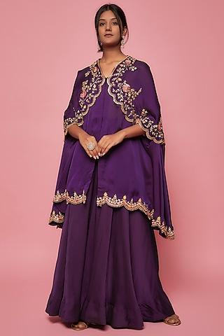 purple pure viscose satin organza embroidered cape set