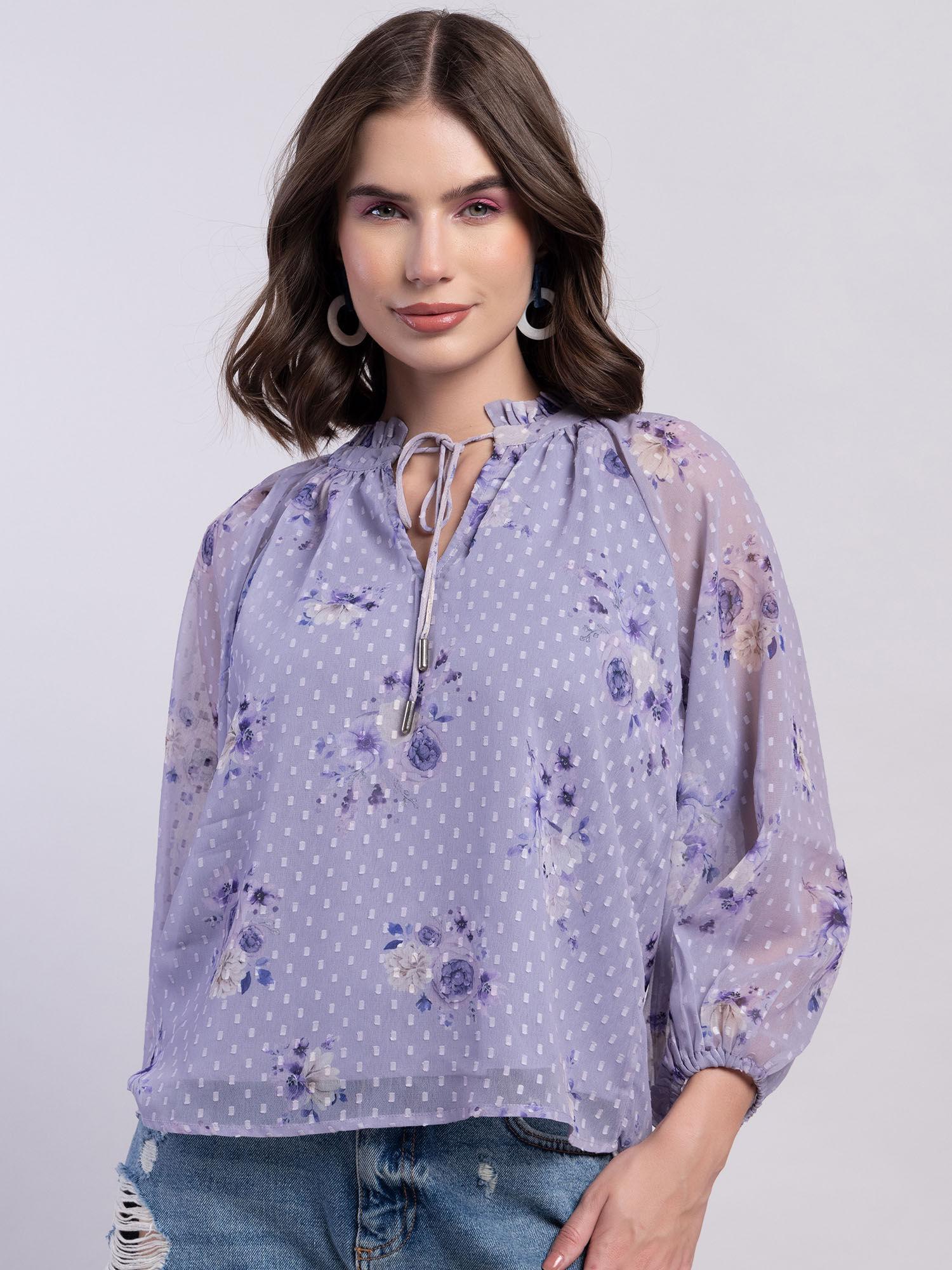 purple raglan sleeve front tie up blouse