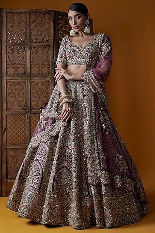 purple raw silk embellished lehenga set