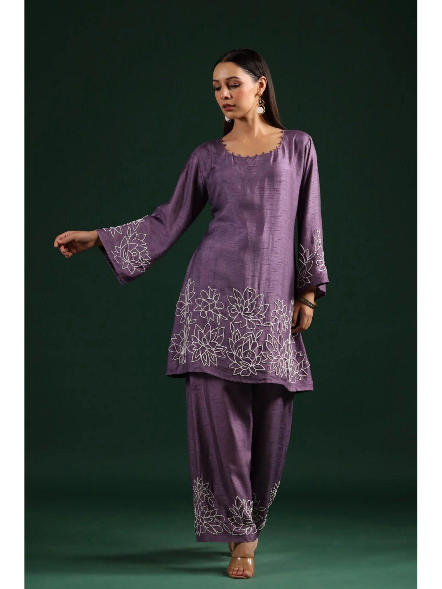 purple raw silk embroidered kurta palazzo (set of 2)