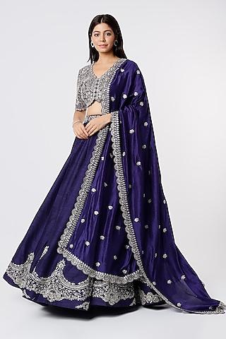 purple raw silk embroidered lehenga set