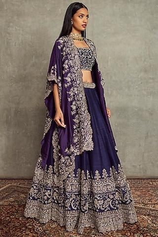 purple raw silk embroidered lehenga set