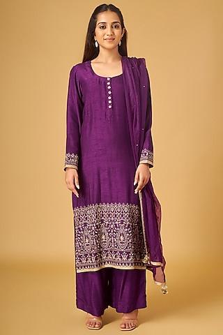 purple raw silk hand embroidered kurta set