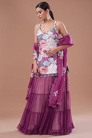 purple raw silk printed strappy kurta set