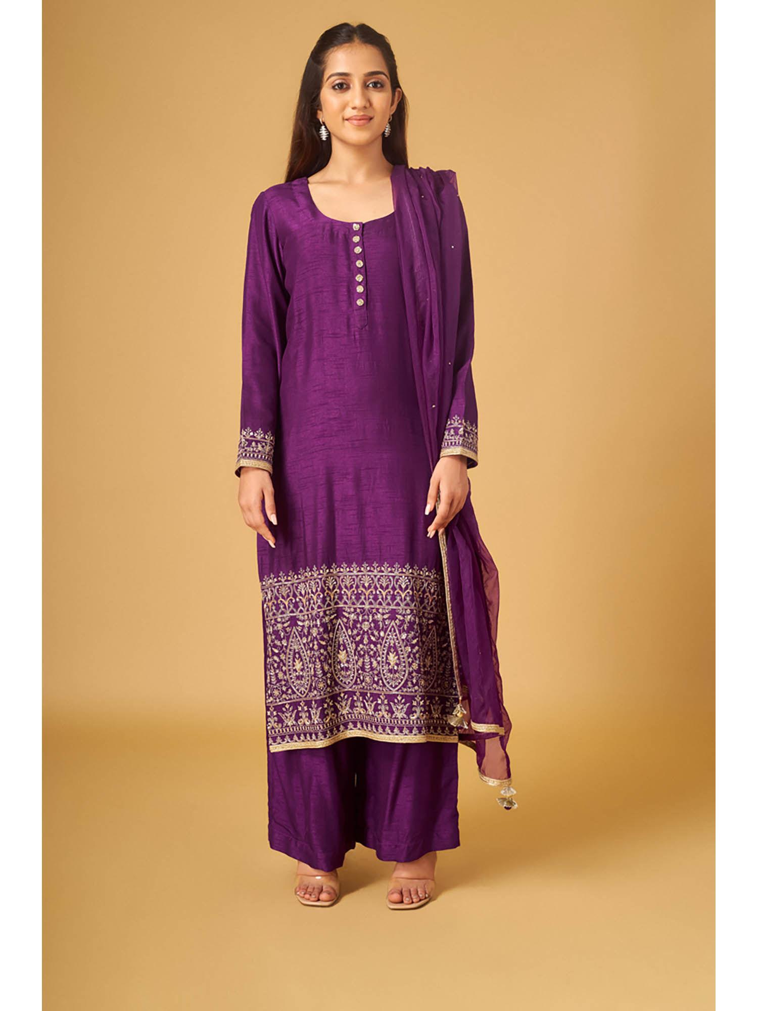 purple rawsilk embroidered kurta and pant with dupatta (set of 3)