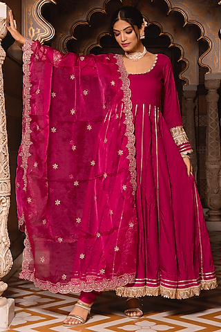 purple rayon embroidered anarkali set