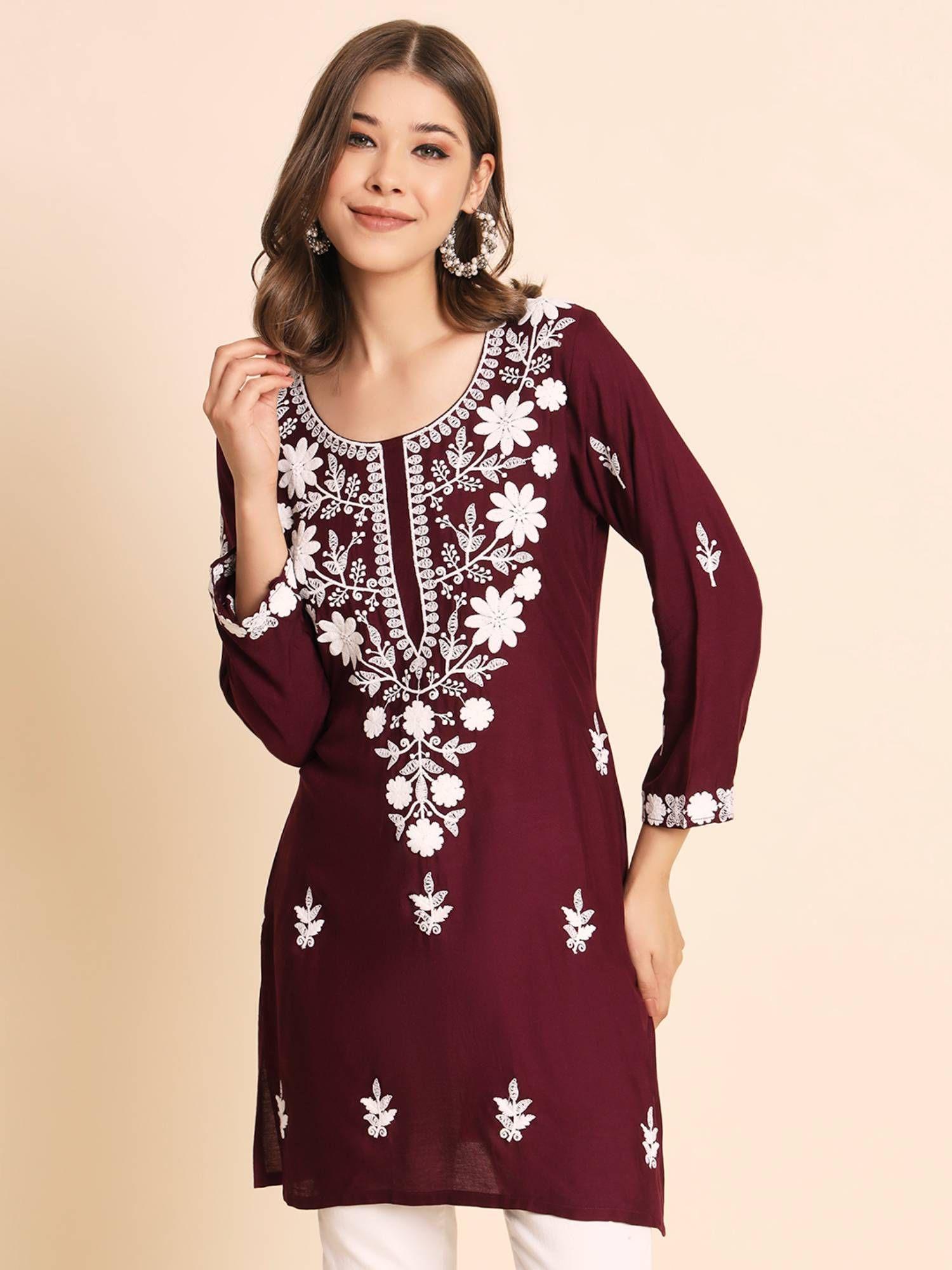 purple rayon lucknowi chickankari work kurti