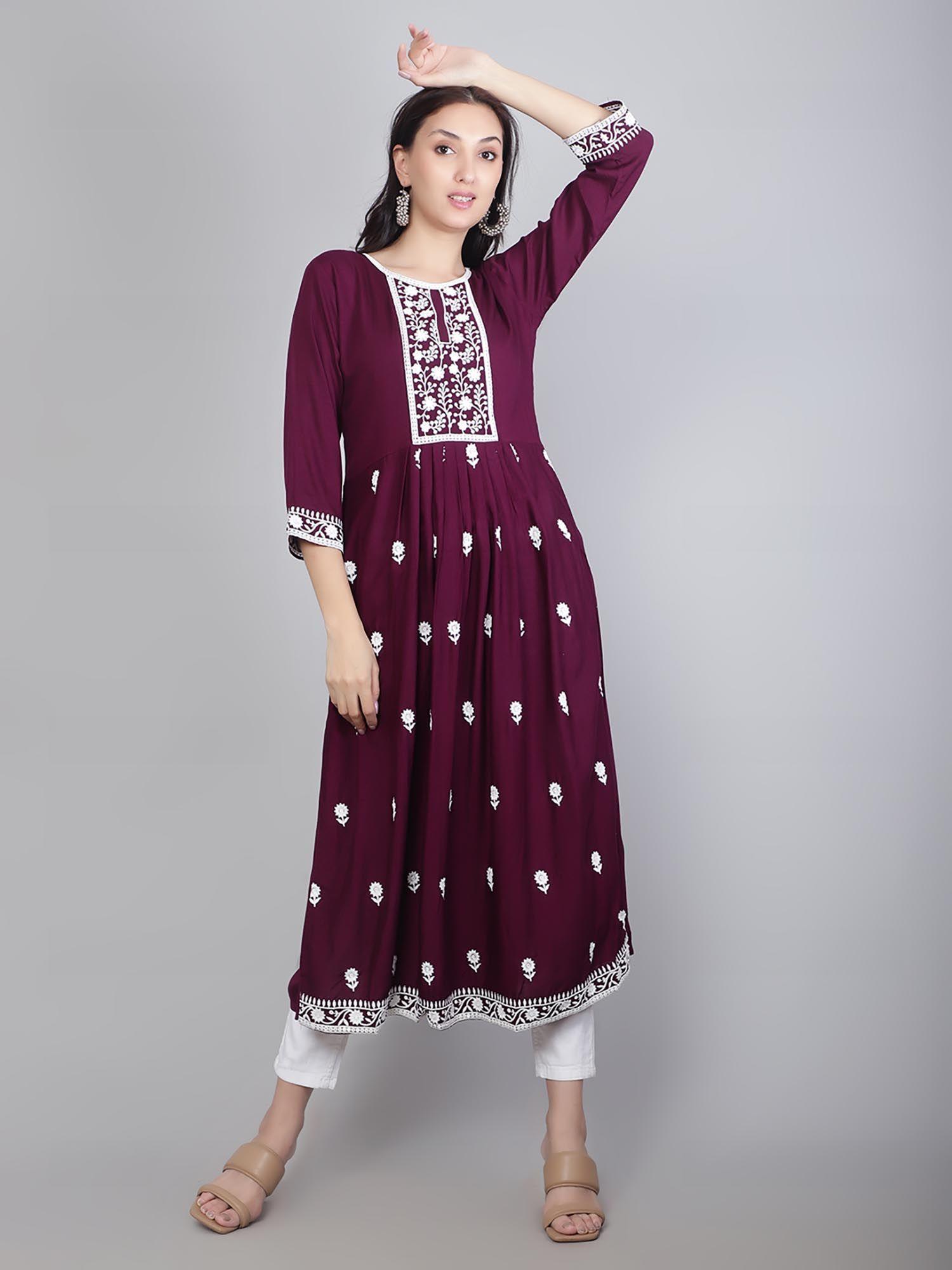 purple rayon lucknowi chikankari work round kurta