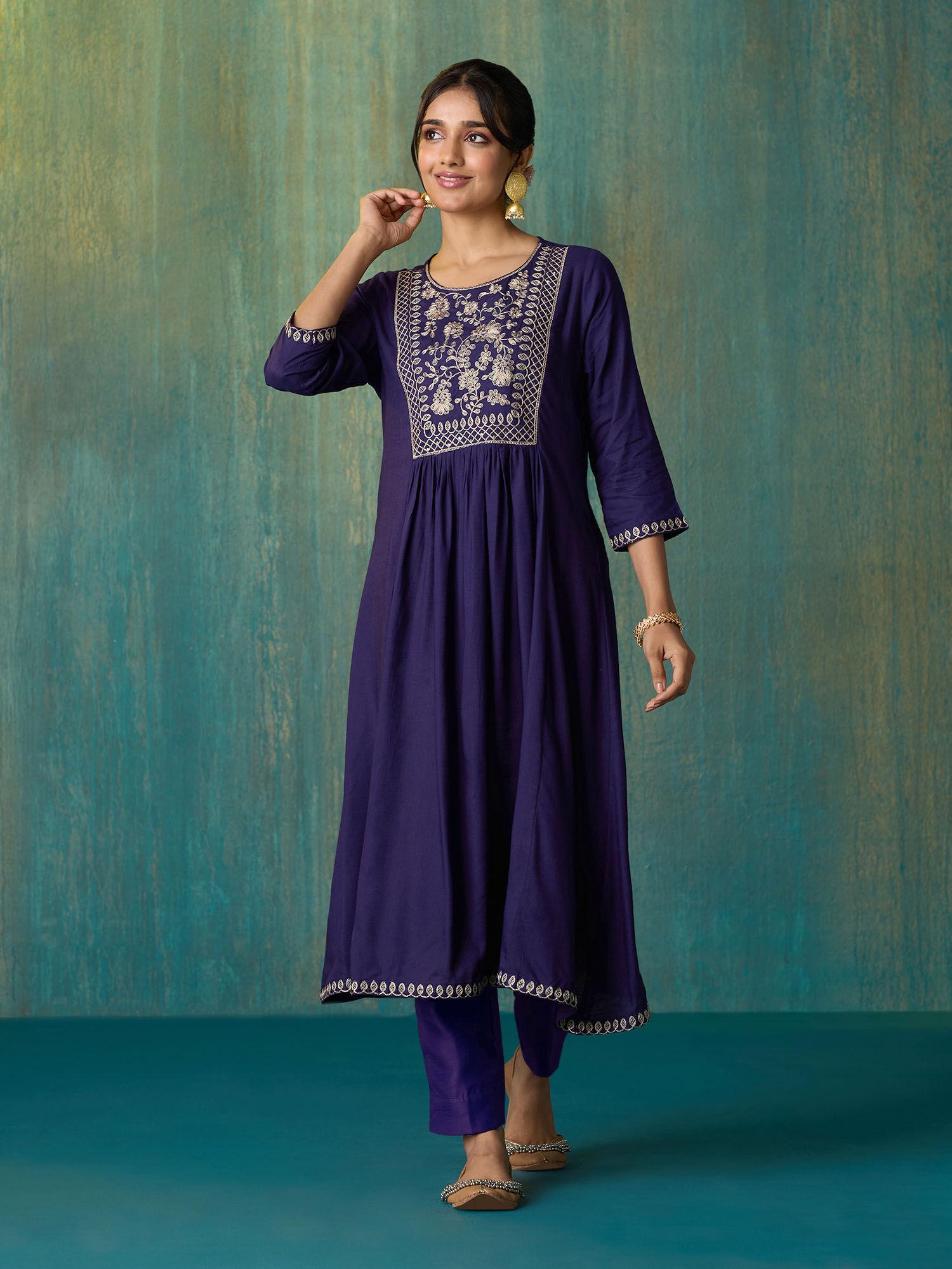 purple rayon slub dori embroiderd kurta likkur197