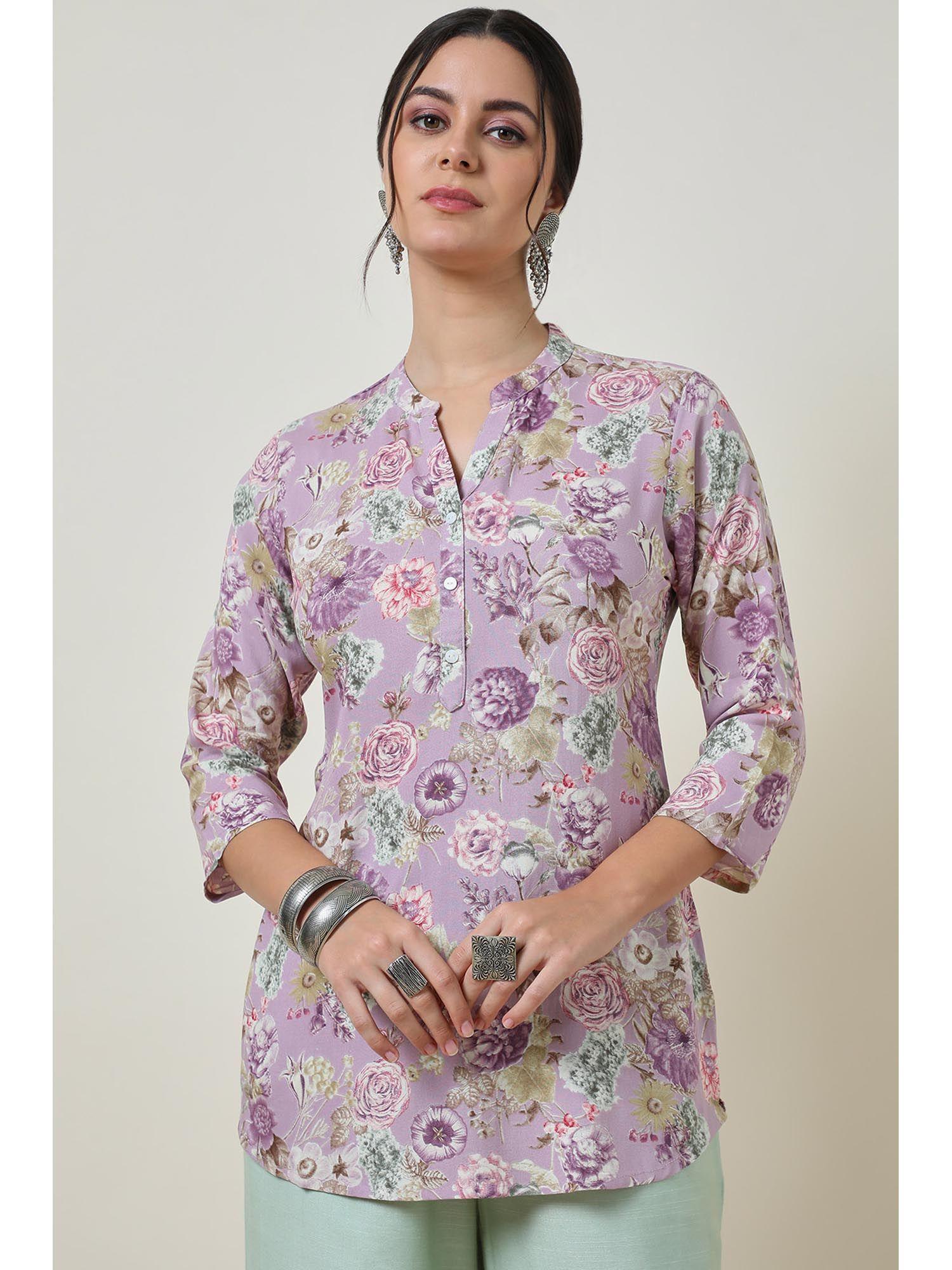 purple rayon slub floral print straight tunic