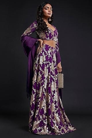 purple recycled polyester foil printed lehenga set