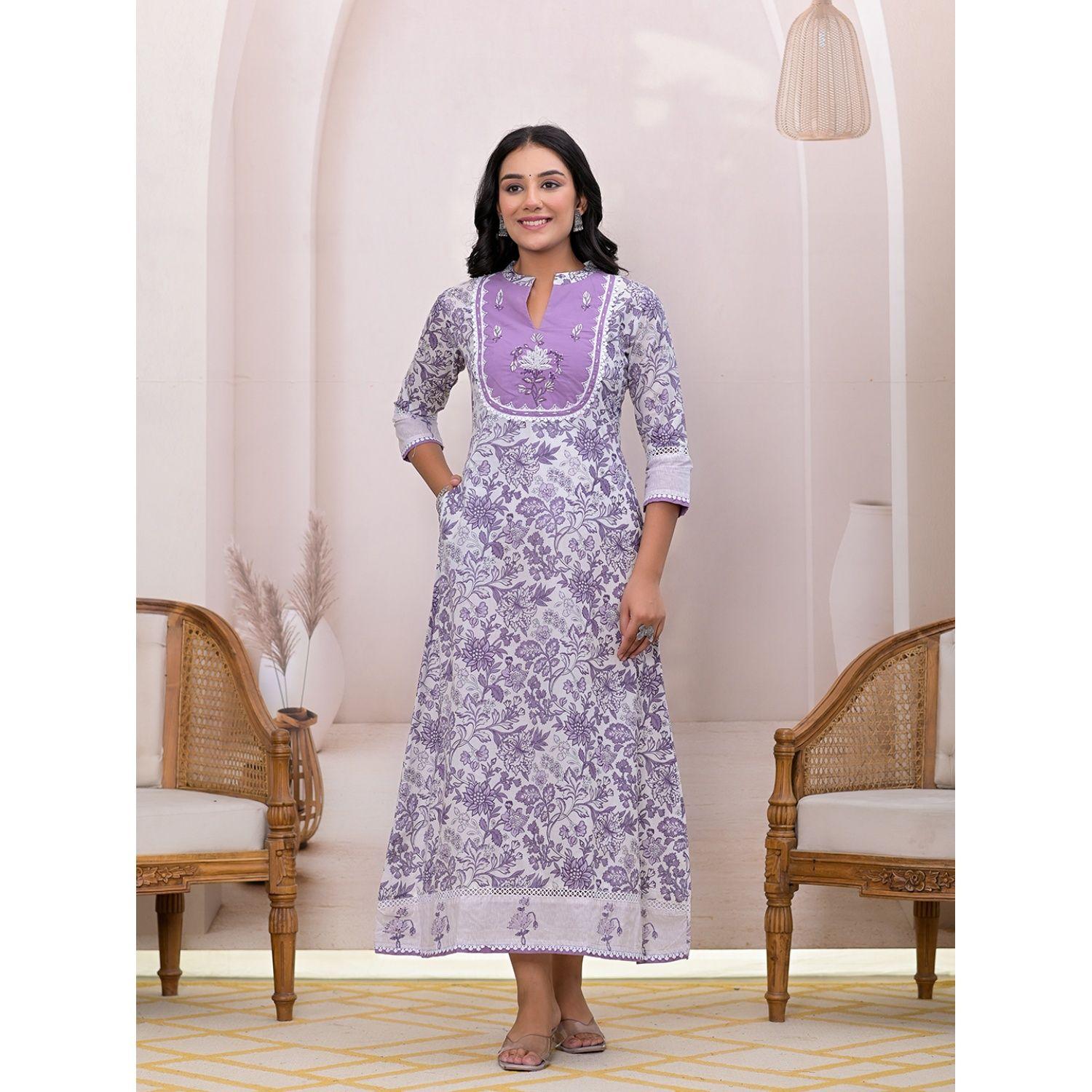 purple resham embroidery cotton a-liine dress