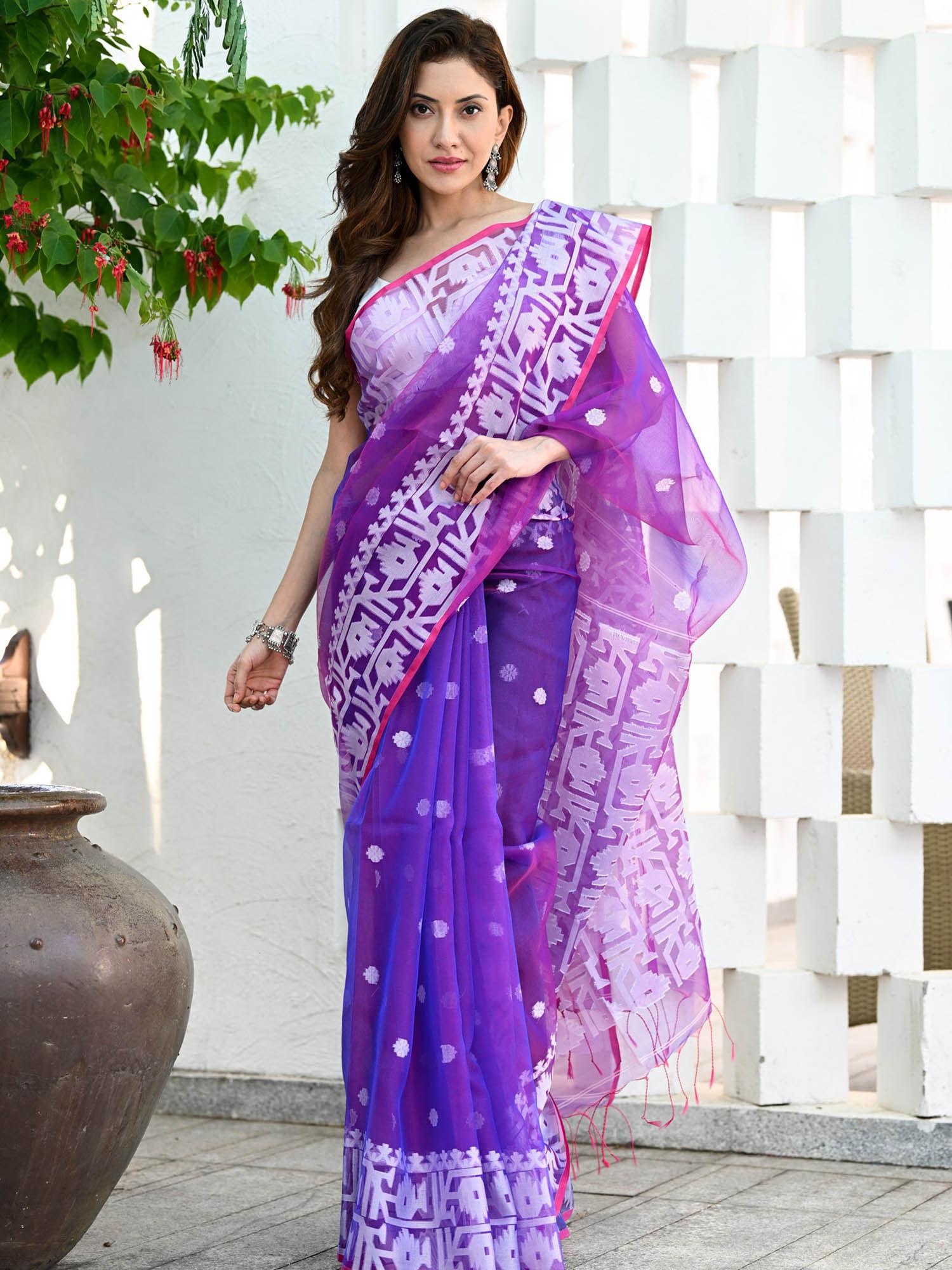 purple resham silk muslin handloom jamdani saree with unstitched blouse