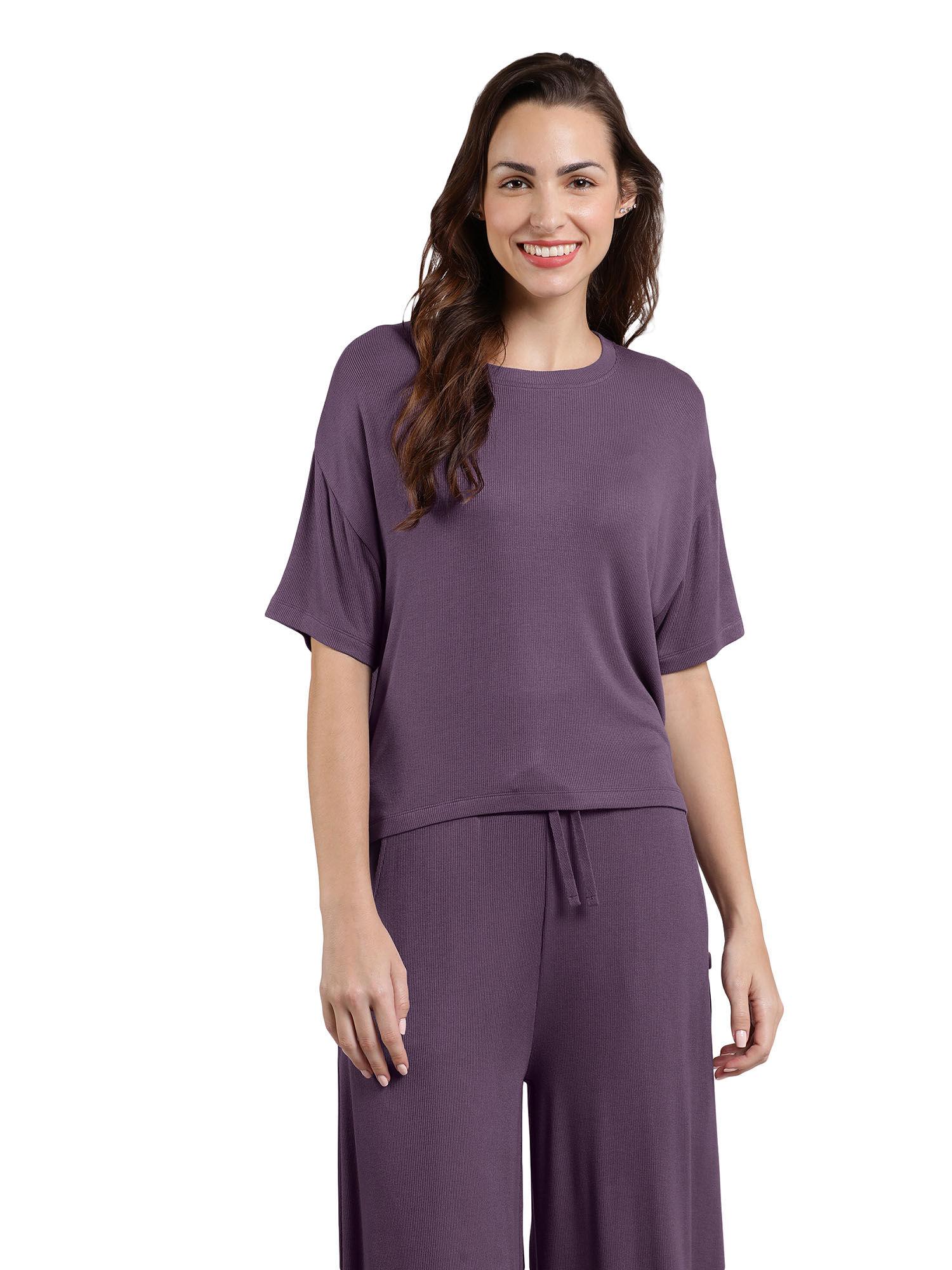 purple round neck half sleeves serene dream sleep top