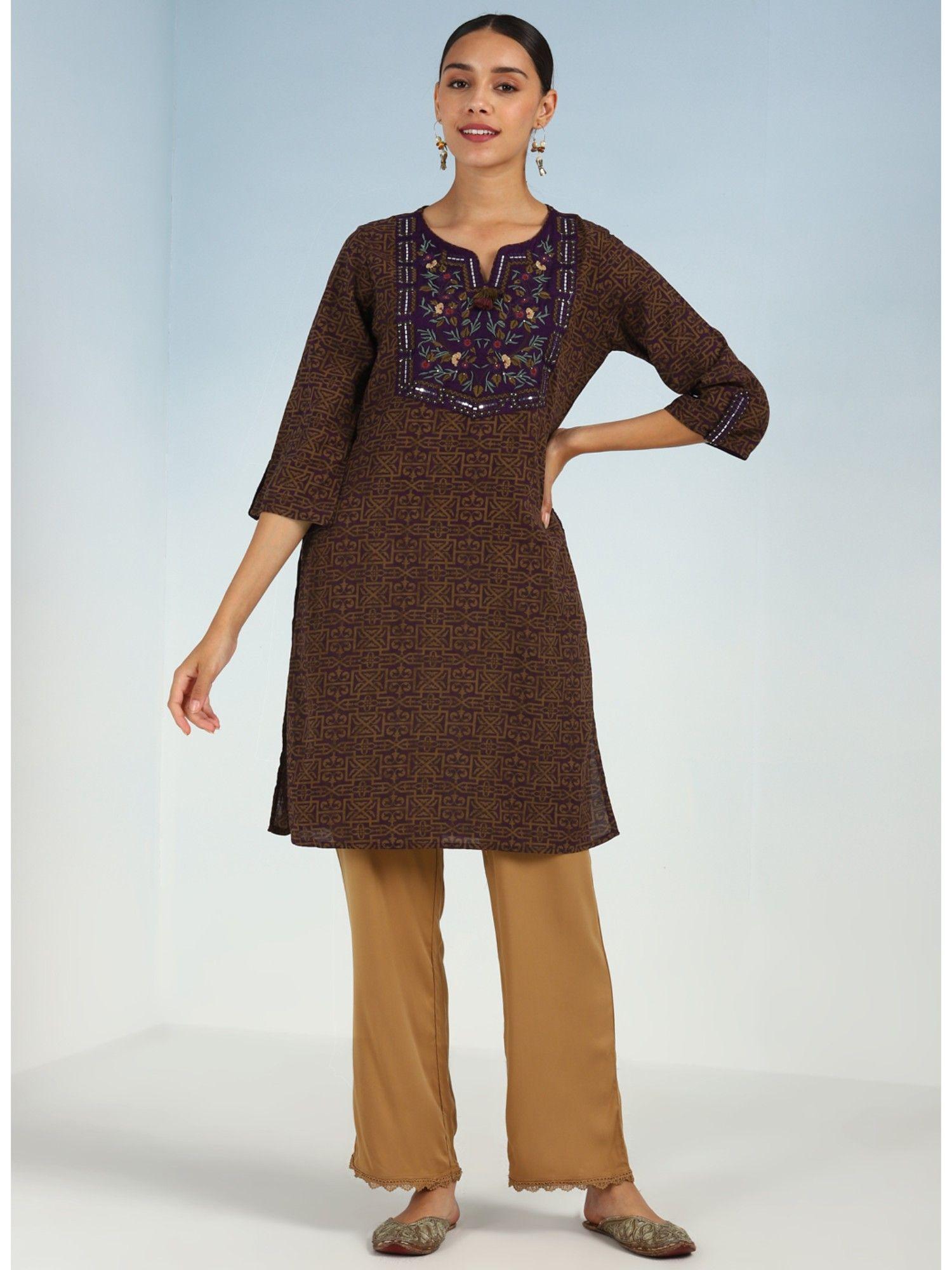 purple round neck straight fit kurti embroidered