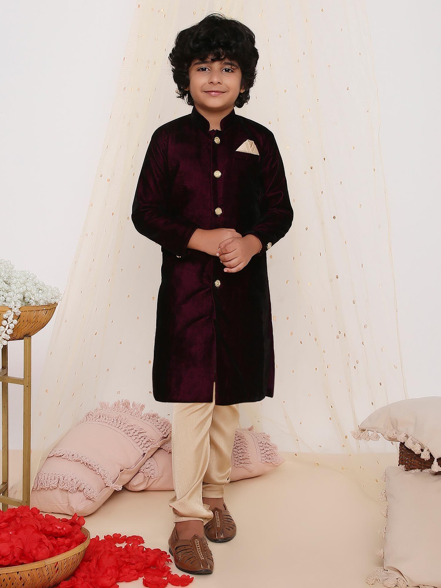 purple royal velvet sherwani with churidar (set of 2)