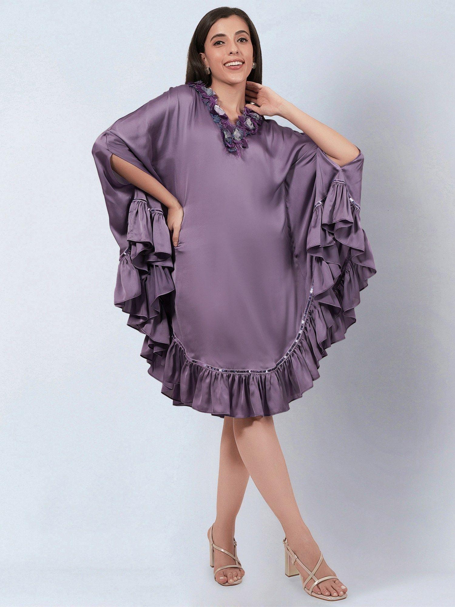 purple ruffle dress with floral lace detail