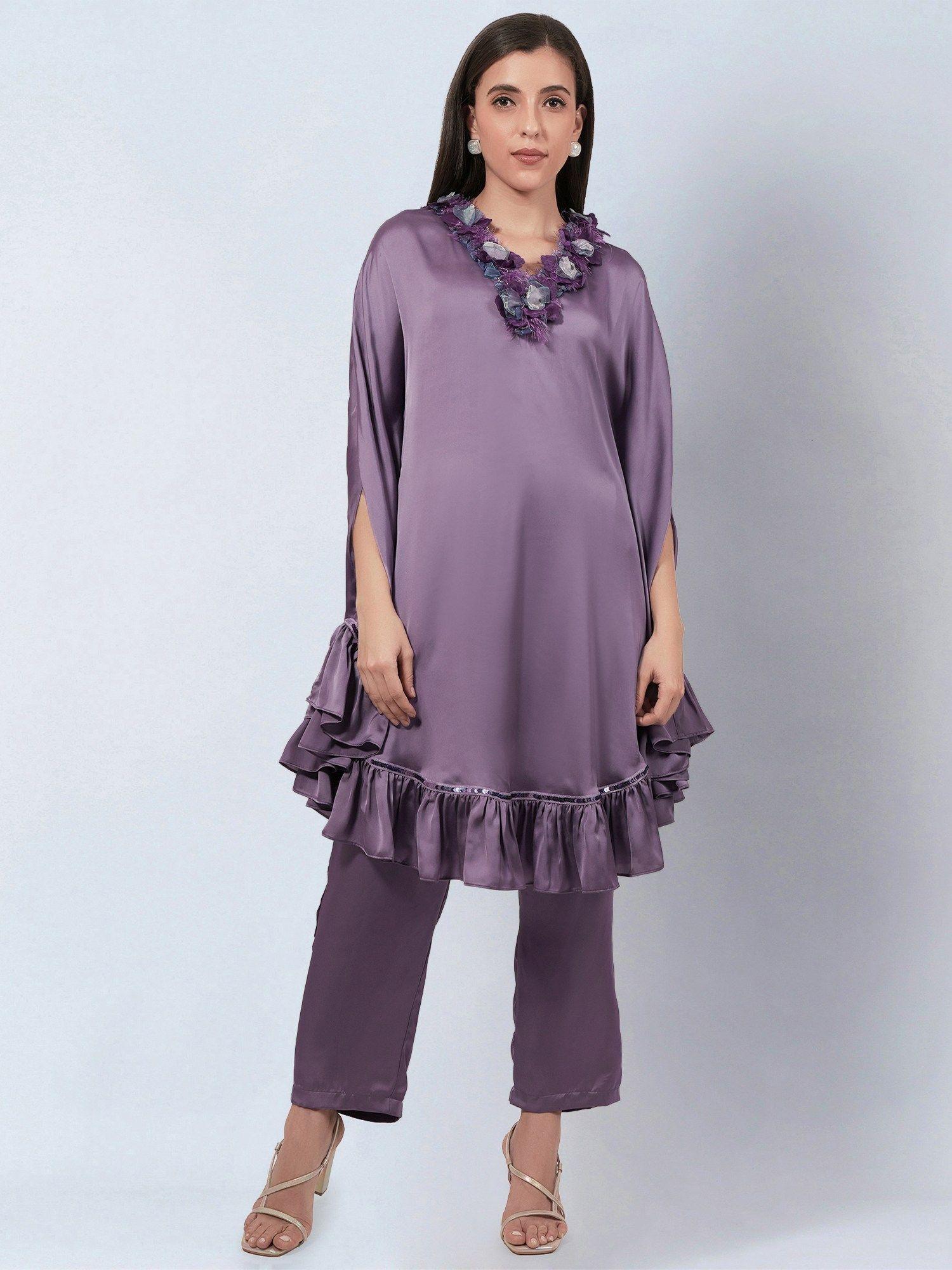 purple ruffle dress with satin pants (set of 2)