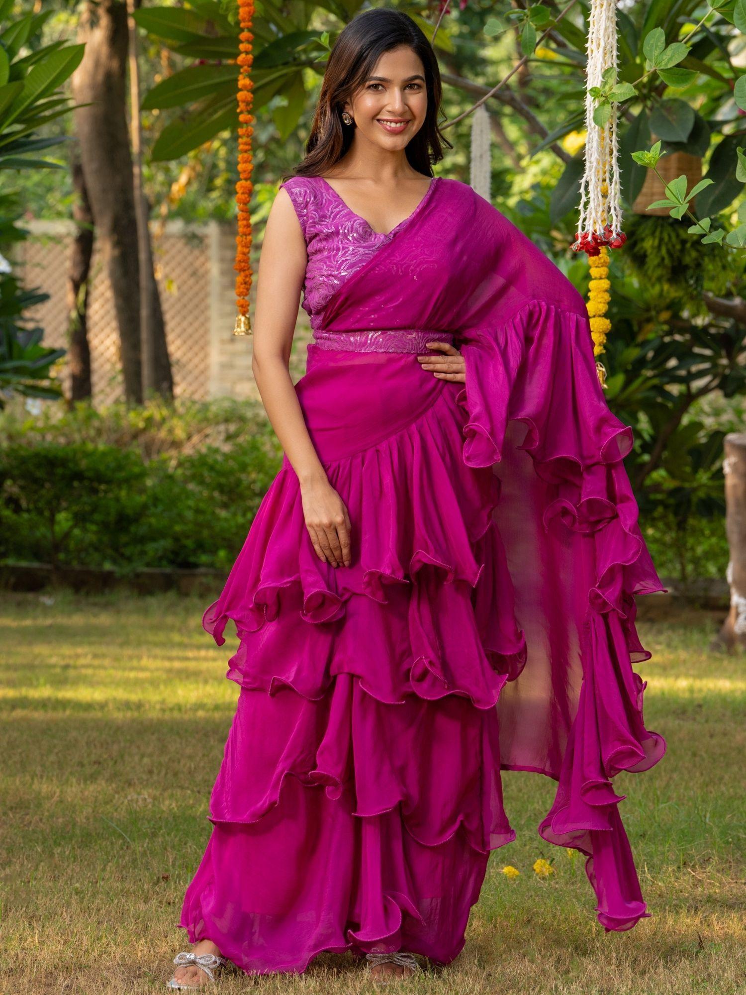 purple ruffle saree with stitched blouse