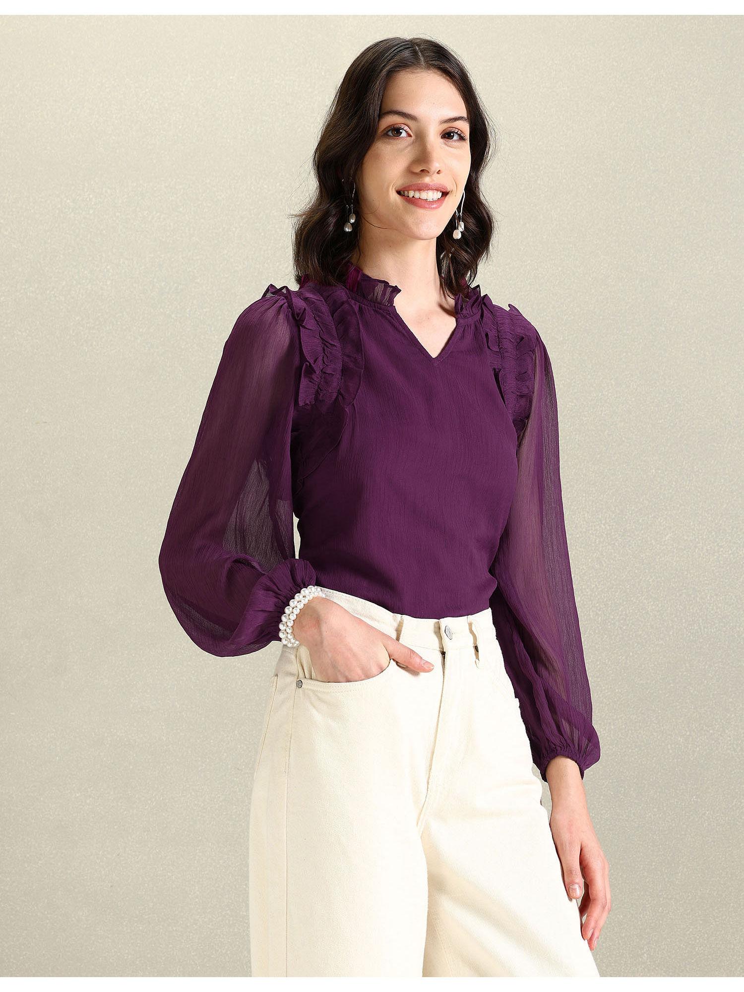 purple ruffled neck top