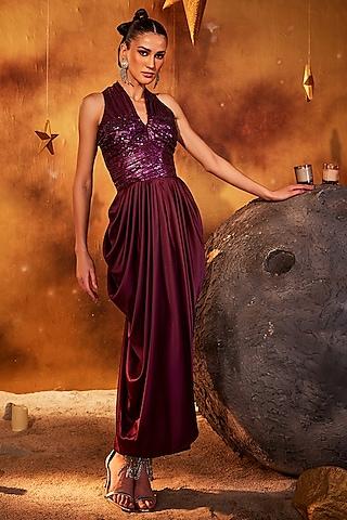 purple satin & mesh sequins bead embroidered gown