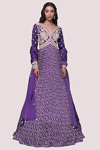 purple satin bandhani printed gown with dupatta