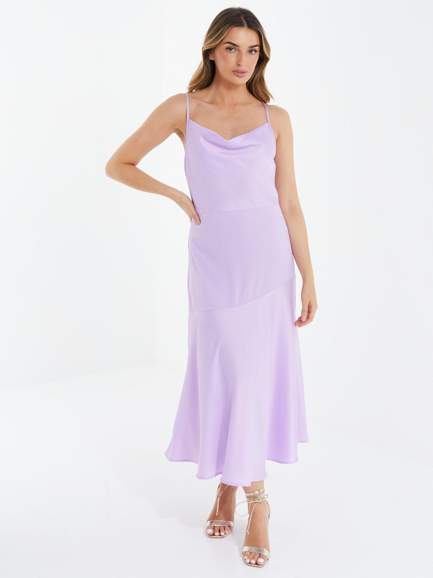 purple satin cowl midi dress