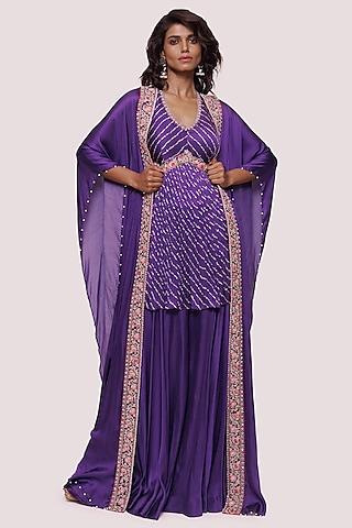 purple satin embellished kaftan cape set