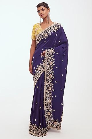 purple satin embellished saree set