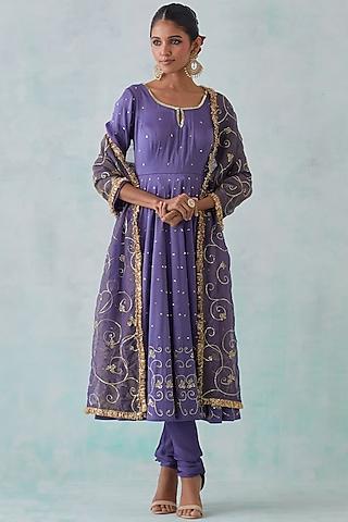 purple satin embroidered anarkali set