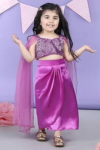 purple satin embroidered dhoti skirt set for girls