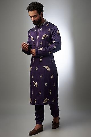 purple satin embroidered kurta set