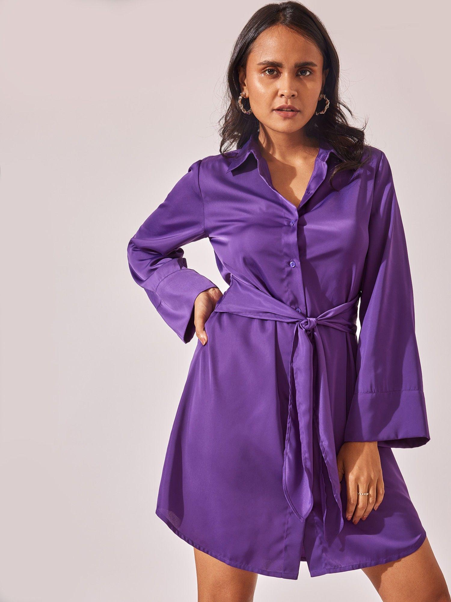 purple satin front tie dress