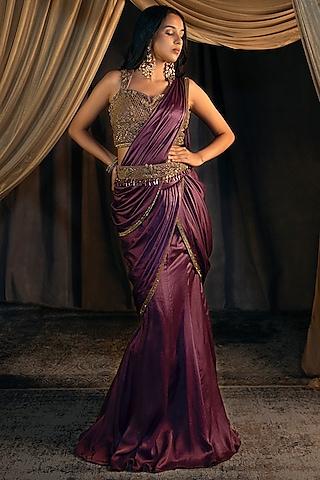 purple satin georgette draped saree set