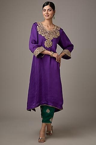 purple satin organza dori machine embroidered a-line flared kurta set