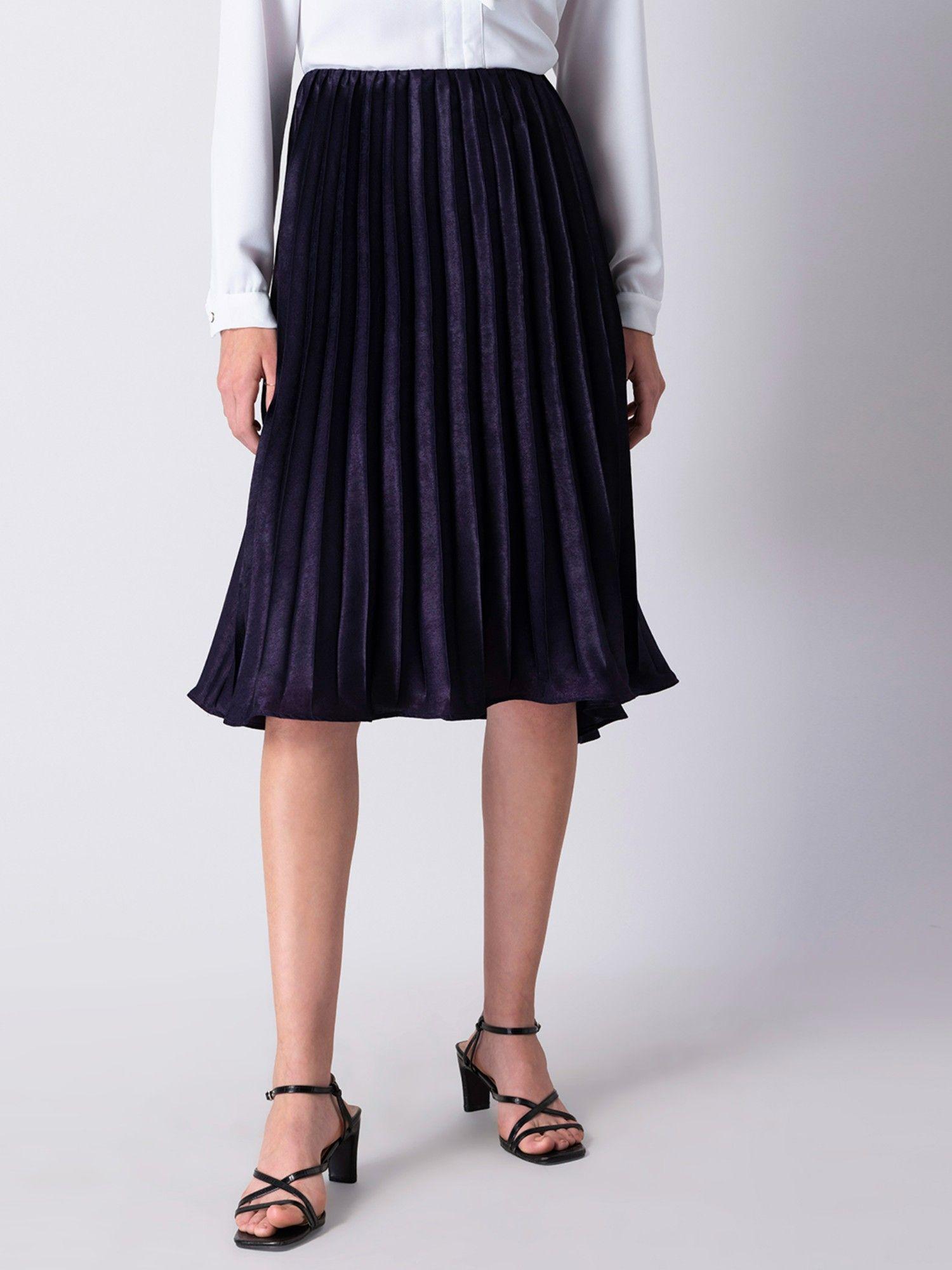 purple satin pleated knee skirt