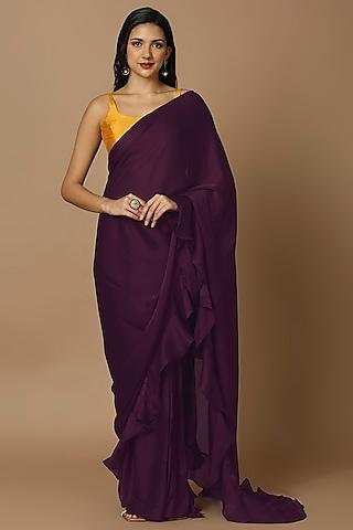 purple satin pre-draped saree