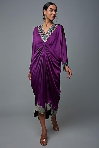 purple satin printed & embroidered dress