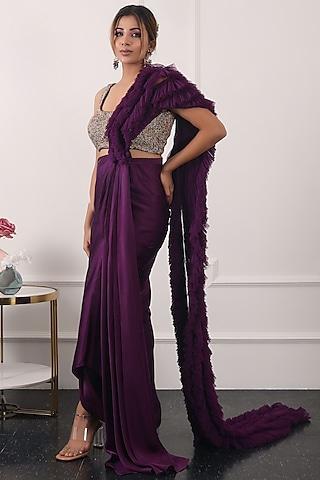 purple satin ruffled draped saree set