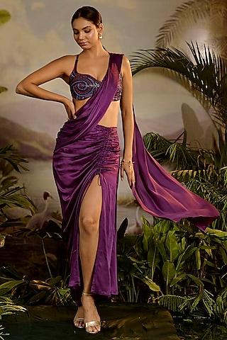 purple satin silk pre-draped saree set